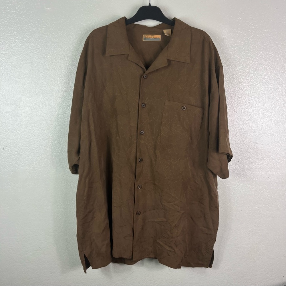 Bobby Chan 100% Silk Brown Printed short sleeve shirt button front XL